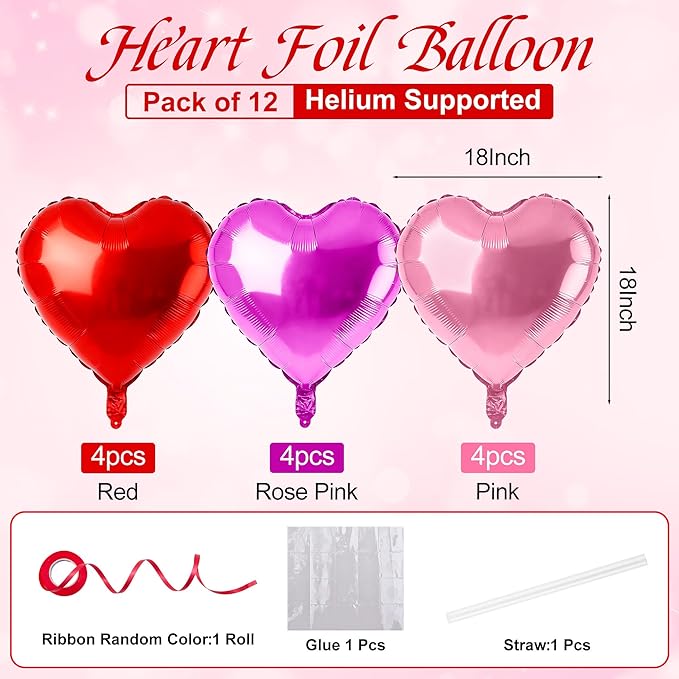 12 Pcs Red and Hot Pink Heart Foil Balloons for Valentines Day Decorations, 18 Inch Romantic Love Valentine Heart Balloons for Galentines Day Decorations Wedding Marriage Birthday Bridal Shower Party
