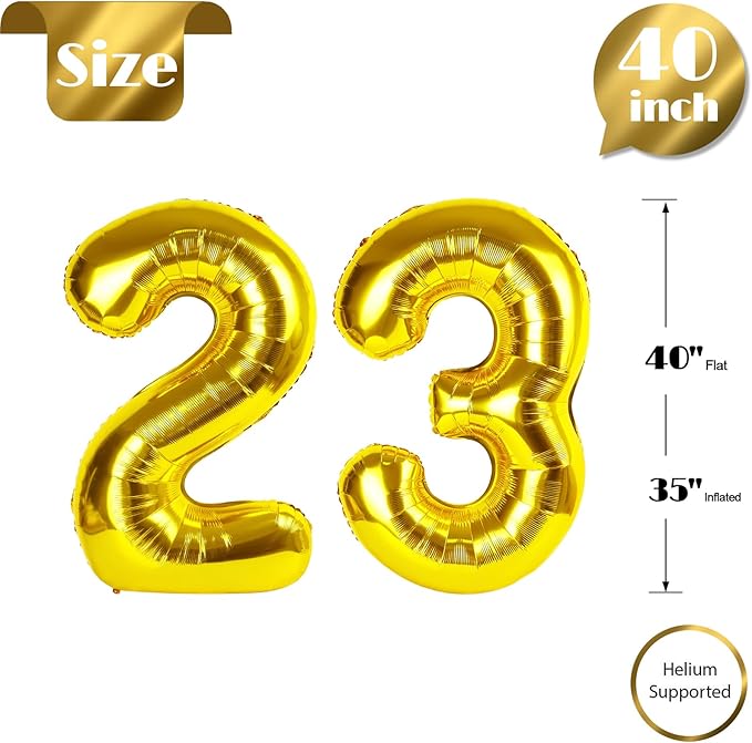 Gold Number 23 Balloon 40 inch, 23 Number Balloons, 23rd Gold Birthday Decorations, 23 Year Old Women Men Golden Party Supplies