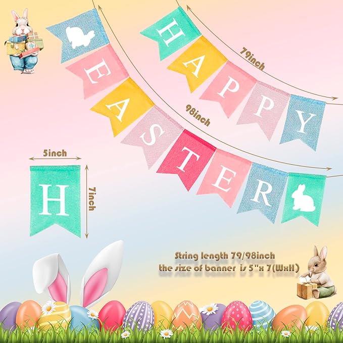 Happy Easter Banner Easter Chicken Egg Felt Happy Easter Bunny Banner Felt Easter Banner Garland for Easter Decorations, Spring Themed Party Favors Supplies, Happy Easter Day for Mantle Fireplace(2pc)