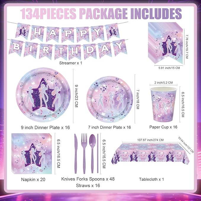 134Pcs Demon Movie Hunters Party Tableware,Birthday Decorations Party Napkins Plates Knives Forks Cups Spoons Party Decorations Serve 16(Pink)