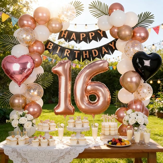 16th Birthday Decorations for Girls - Rose Gold, Black and Hot Pink Party Supplies Set with Happy 16th Banner, Number 16 Balloons and Foil Fringe Curtains - 16 Year Old Celebration Kit