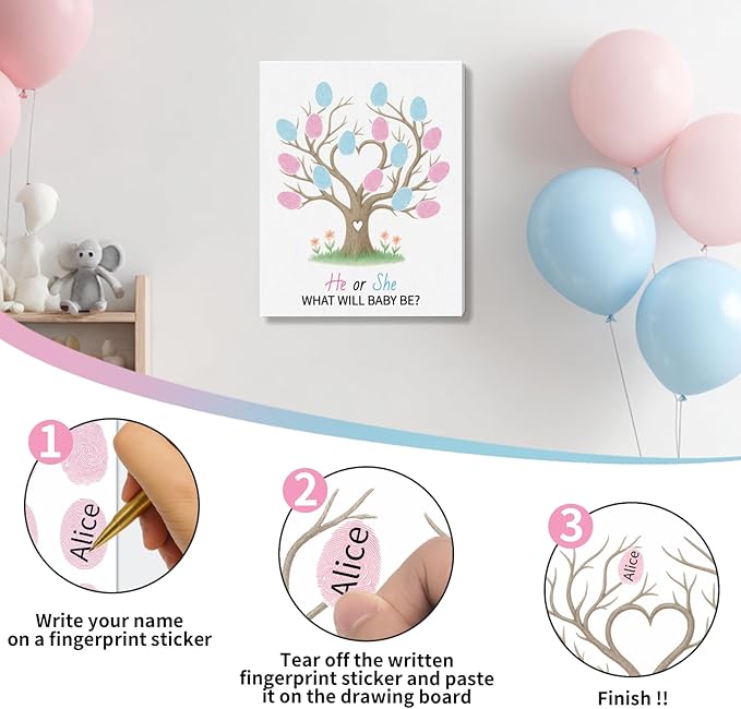 2PCS Gender Reveal Fingerprint Tree Baby Shower Guest Book Party Ideas Fingerprint Guest Book with 2 Pens and 6 Stickers Gender Reveal Party Decorations Baby Shower Party Supplies
