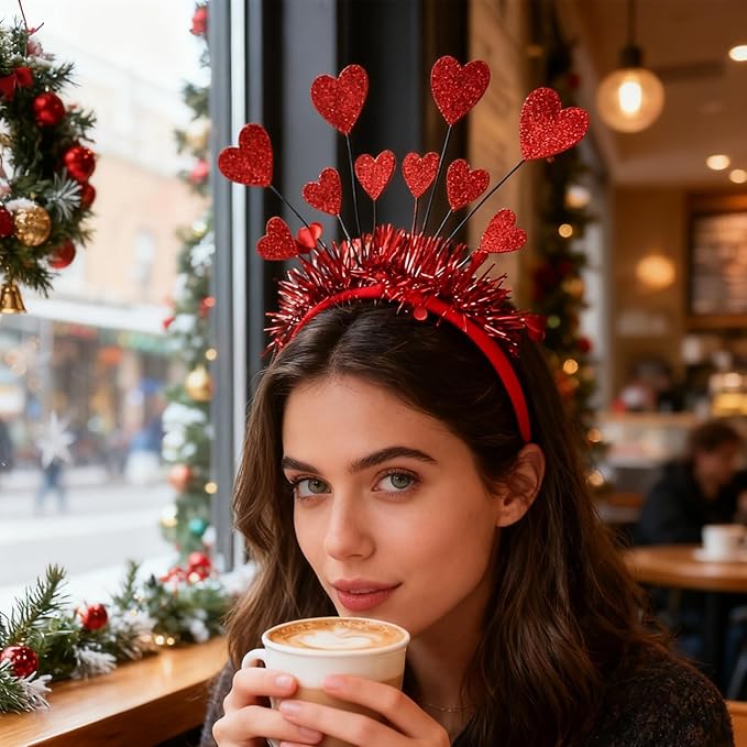 Valentines Headband with Red Heart Designs Sequin Heart Hair Accessories Romantic Valentines Headbands Shiny Red Tassel Head Bopper for Women Holiday Party Head Wear Accessories Gift 1pcs