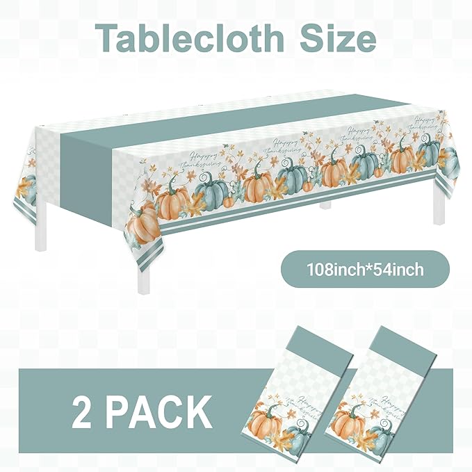 Childom 2 Pack Thanksgiving Tablecloths,Thanksgiving Decorations 54" x 108" Disposable Plastic Tablecloths,Blue Pumpkin Maple Table Covers for Rectangular Table,Home,Dinner,Party,Outdoor Picnic