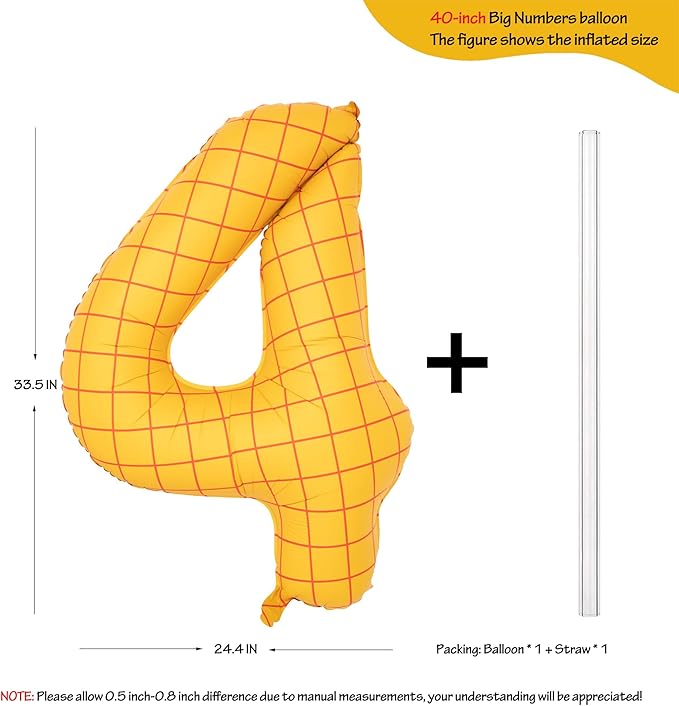 40" Matte Yellow Balloons Toy Inspired Story Theme party Supplies, Number Birthday Decoration, Cowboy Decorations Western, Cowgirl Party Balloon Digital 4