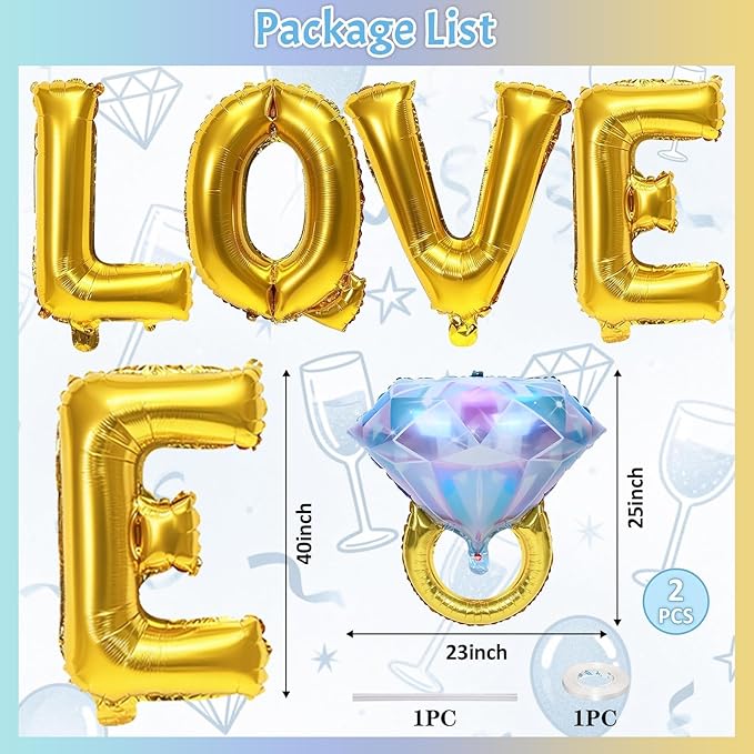 40inch Gold Love Balloons with 2pcs Diamond Ring Foil Balloons, Large Love Letters Engagement Ring Mylar Balloons for Valentines Day Wedding Bridal Shower Anniversary Proposal Marriage Decorations