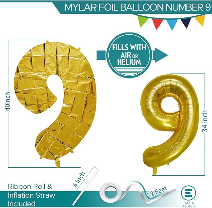 40 Inch Large Gold Number Celebration and Decoration Balloon for Birthday Parties, Graduations, Anniversaries, Weddings, Photo Shoots, Special Events - Helium Foil Mylar (Gold Number 9)