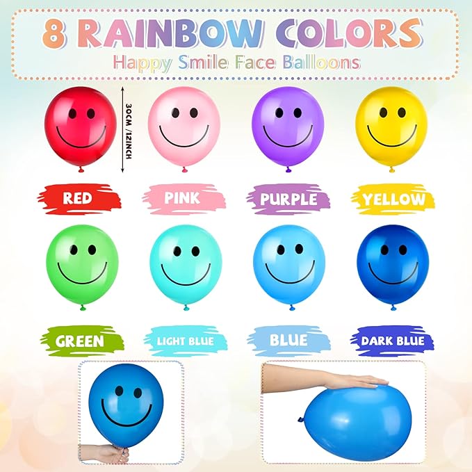 Sratte 100 Pcs Happy Smile Balloons for Birthday Party 12'' Latex Smile Face Colorful Naughty Balloons Party for Baby Shower Wedding Decoration Festive Supplies (Assorted Color)