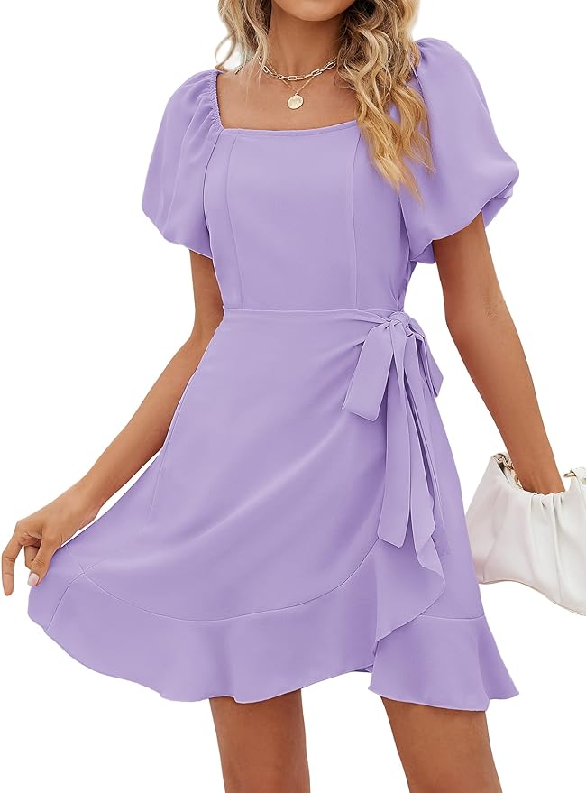 Sampeel Womens Summer Dresses Square Neck Puff Sleeve Tie Waist Short Dress