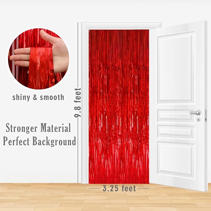 GOER 3.2 ft x 9.8 ft Metallic Tinsel Foil Fringe Curtains Party Photo Backdrop Party Streamers for Birthday,Graduation,New Year Eve Decorations Wedding Decor (4 Packs,Red)