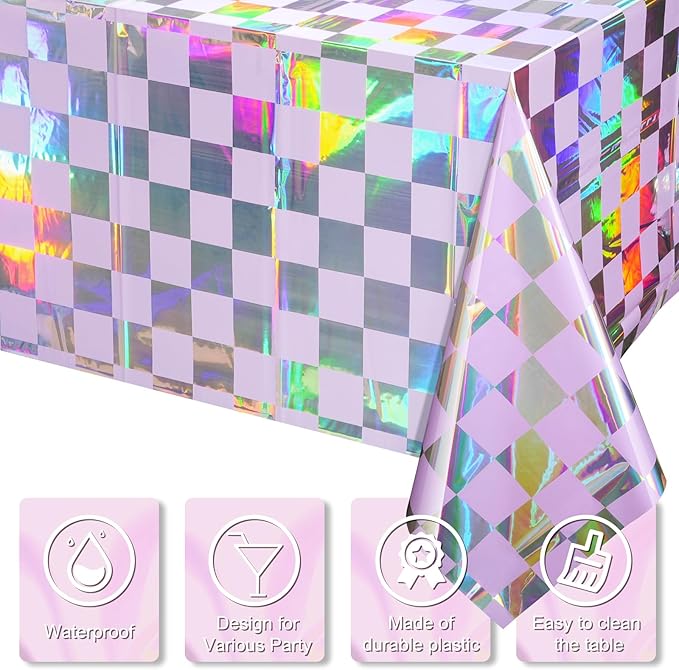 FunnyPars 3Pack Iridescent Checkered and Purple Plastic Tablecloths Shiny Disposable Laser Rectangle Table Covers Foil Tablecloth Iridescent Party Decorations Birthday Bridal Baby Shower, 54x108Inch