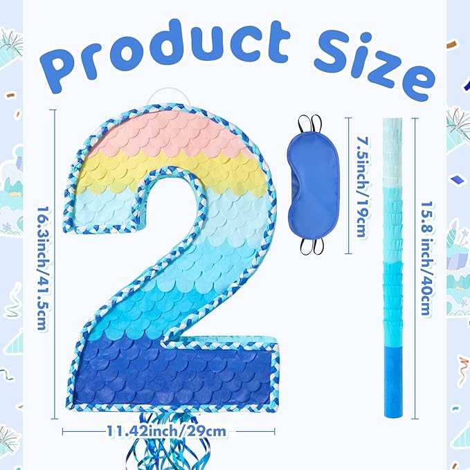 WERNNSAI Number 2 Piñata - Ombre Blue Two Piñata with a Blindfold and Bat Birthday Party Game for Kids Boys Girls 2nd Birthday Party Decorations （16.3" x 11.4" x 3")