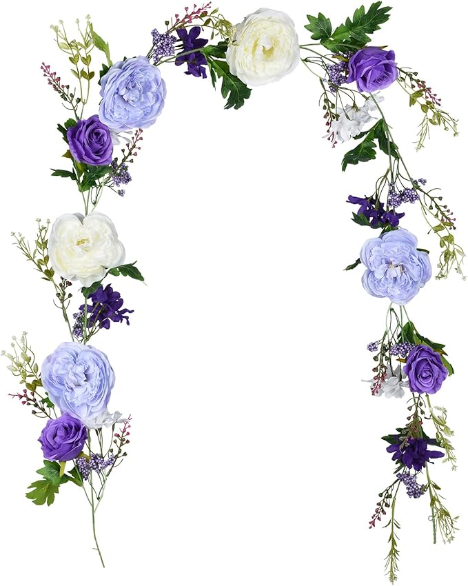 Lvydec Artificial Peony Flower Garland - 6ft Silk Peony Purple Flower Garland Arch Flower Vine for Wedding Party Table Decoration (2, Purple and White)