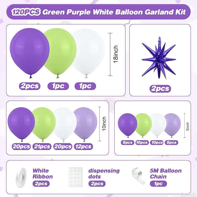 Green Purple White Balloon Arch Kit, 120pcs Lemon Green Retro Purple Balloons With Purple Foil Star Balloon Different Sizes For Outer Space Themed Birthday Baby Shower Party Decorations