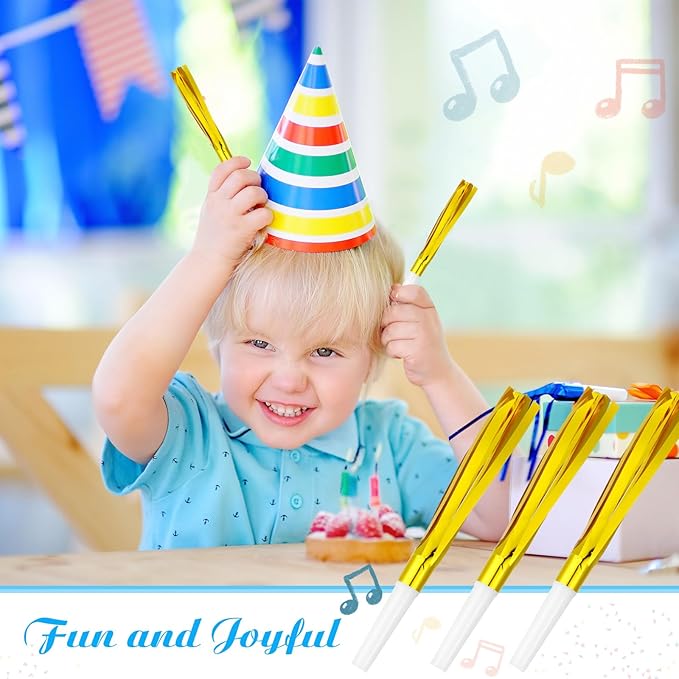 30 Pcs Gold Noise Makers, Party Blowers, Metallic Fringed Party Horns for New Year Party Favor Supplies, Gold White
