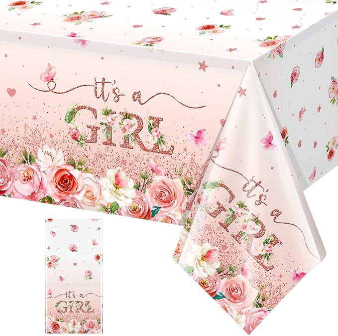 1 Pack Floral Baby Shower Tablecloth Decorations, It's a Girl Baby Shower Decorations, Pink Flower Gender Reveal Decorations for Girl, Plastic Disposable Baby Girls Table Cloth Party Decorations