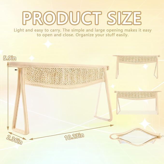 Boho Patch Bag Clear Makeup Letter Bag, Waterproof Zipper Make up Bags Toiletry Pouch for Women Girls, Hollow Woven Clear Letter Patch Cosmetic Bags Transparent Organizer Pouch for Travel(Beige)