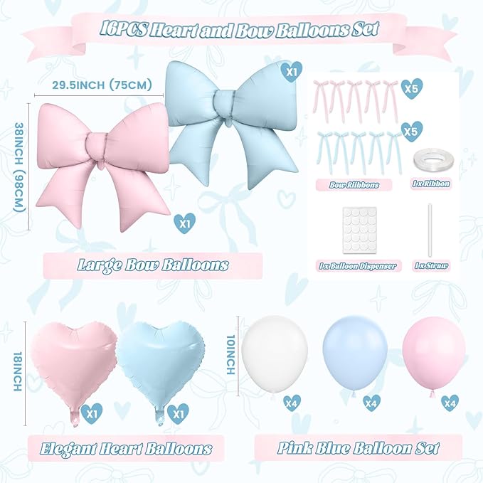 Gender Reveal Balloons, Pink and Blue Heart Balloons 38 Inch Bow Balloon, Baby Blue Light Pink White Balloon for Boys Girls Birthday Wedding Bridal Baby Shower Valentine Gender Reveal Decorations