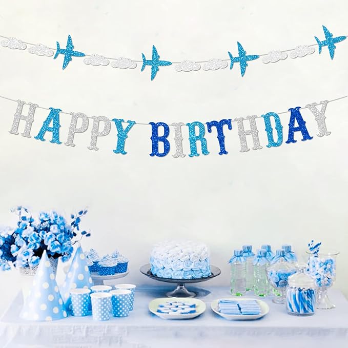 Zwiebeco Blue White Silver Happy Birthday Banner Sign Airplane Clouds Theme Hanging Paper Party Decorations for Babys Kids Boys Girls Children's Accessories Supplies