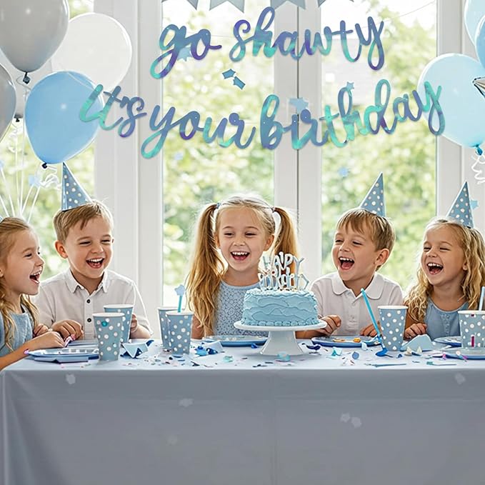 BEISHIDA Go Shawty It's Your Birthday Banner NO DIY Hip Hop Theme Happy Birthday Banner Pre-Strung Rap Theme Happy Birthday Sign for Man Women birthday Party Supply Double-Sided Rainbow Blue