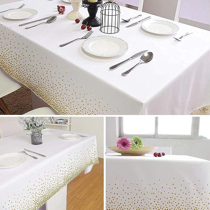 2 Pack White and Gold Tablecloth Disposable Gold Tables Tablecloths for Rectangle 54" x 108" Plastic Tablecloth Party Table Covers for Birthday Thanksgiving Christmas Wedding Outdoor BBQ (White)