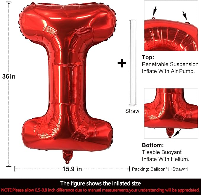 Lovoir 40 Inch Large Red Letter I Balloons Big Size Jumbo Mylar Foil Helium Balloon for Birthday Party Celebration Decorations Alphabet Red I
