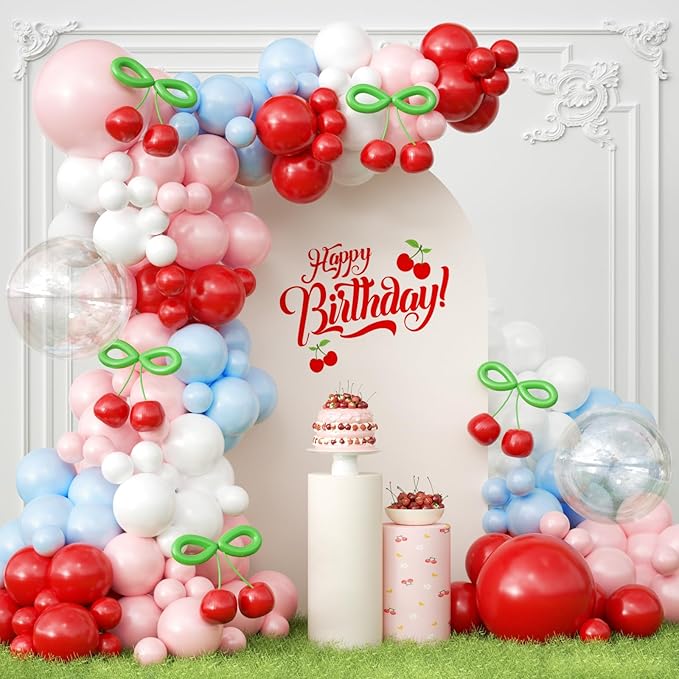 JOGAMS 193Pcs Blue and Red Cherry Balloon Arch Garland Kit,Cherry Party Decorations with Clear Cherry Foil Balloons for Cherry On Top Baby Shower Birthday Bridal Shower Wedding Valentine's Day