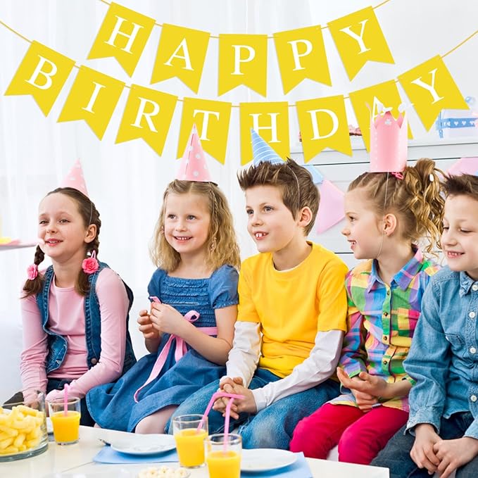 Yellow Birthday Banner Sign Happy Birthday Bunting Banner Garland for Kids Girl Woman Tea Party Decorations