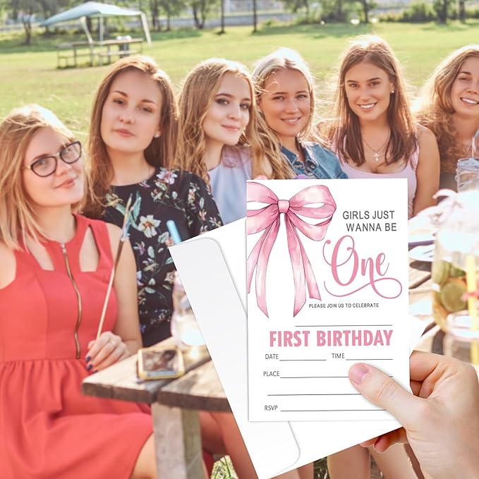 Pink Bow First Birthday Invites Cards Party Invitation Cards for Girls Kids Adults Party Invitations 4x6 Inch Invitations with Envelopes 20 Pcs Double Sided Invitation Card for Girls 1st Birthday YT83