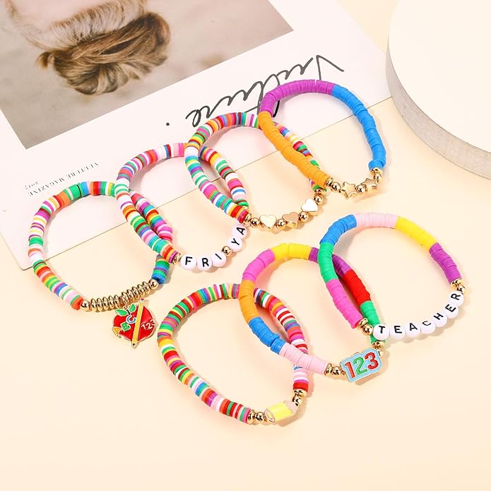 Surfer Heishi Bracelets for Women Stackable Rainbow Vinyl Disc Clay Beaded Stretch Bracelets Elastic Layering Friendship Bracelets Boho Summer Beach Jewelry