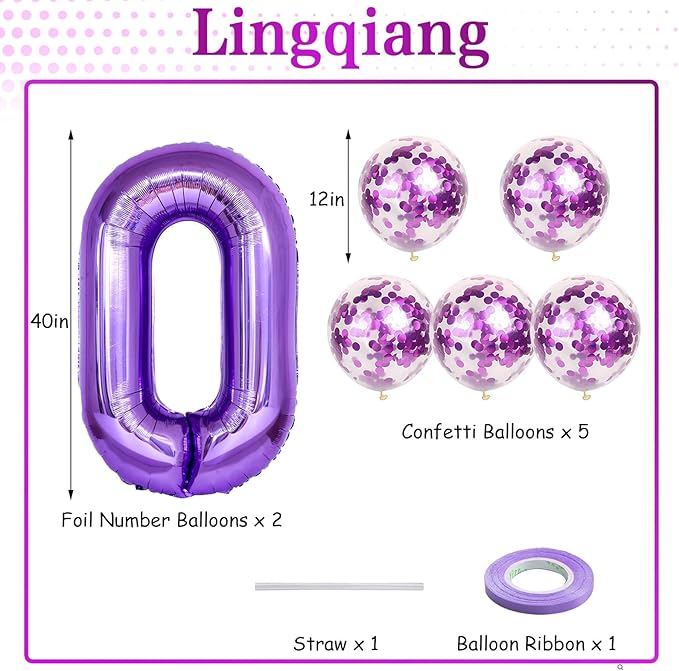 Large 10 Balloon Number Purple, 40 Inch Helium Foil Number 1 & 0 Balloons Self Inflating with Confetti Balloons for Girls Women 10th 1st Birthday Party Balloons Anniversary Decorations Supplies