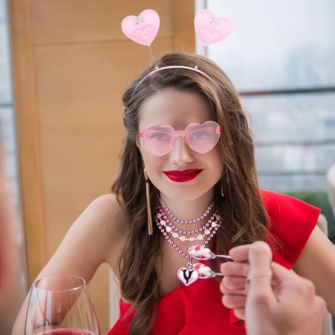 Kanayu 36 Pcs Valentine's Day Accessories Set Include 12 Heart Headbands 12 Glasses and 12 Heart Beaded Necklace for Valentine Props Party Costume Supplies Accessory (Pink)