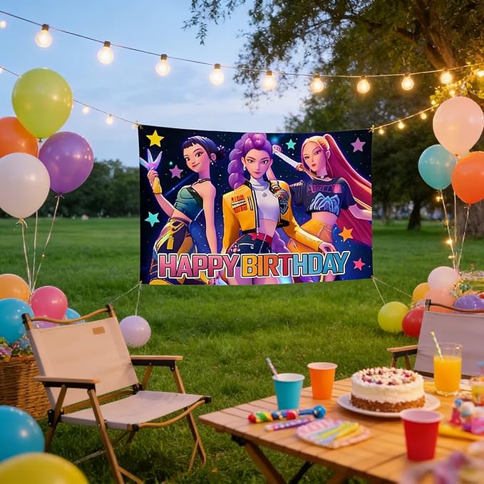 Demon Movie Hunters Birthday Party Decorations,Happy Birthday Banner Backdrop for Birthday Party Supplies