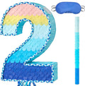 WERNNSAI Number 2 Piñata - Ombre Blue Two Piñata with a Blindfold and Bat Birthday Party Game for Kids Boys Girls 2nd Birthday Party Decorations （16.3" x 11.4" x 3")