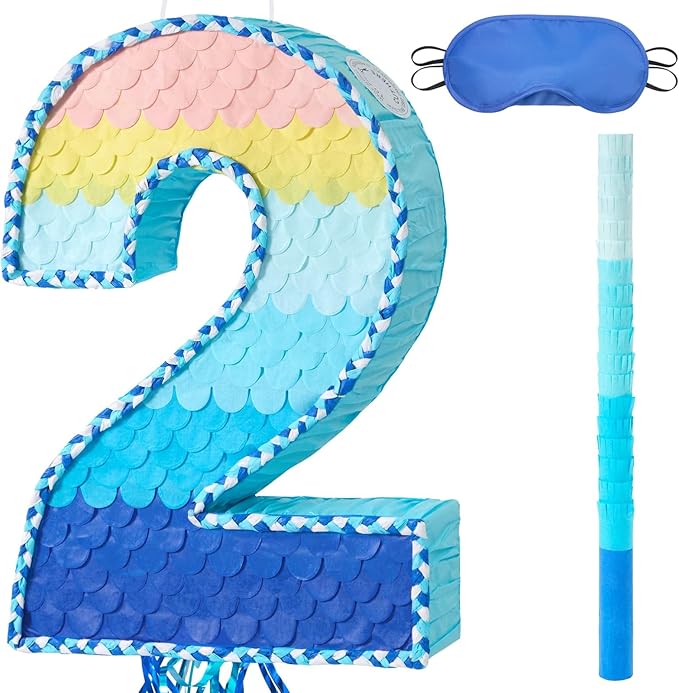 WERNNSAI Number 2 Piñata - Ombre Blue Two Piñata with a Blindfold and Bat Birthday Party Game for Kids Boys Girls 2nd Birthday Party Decorations （16.3" x 11.4" x 3")