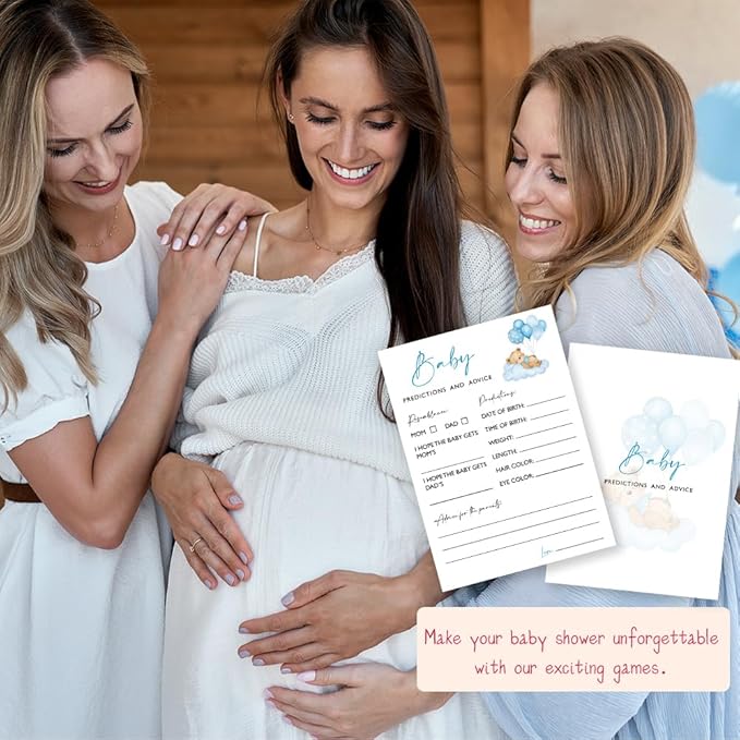 Baby Predictions & Advice Shower Game, 25 Blue Bear & Balloon Theme Ready-to-Play Cards, Fun Icebreaker Activity for Boys, Baby Shower Party Games and Supplies - B04