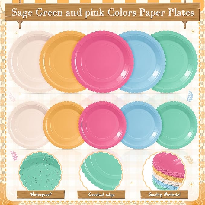 Zhehao 350 Pcs Candy Colors Party Supplies Set Colorful Disposable Tableware Kit with Plates, Cups, Napkins, Cutlery for Baby Shower, Birthday, Wedding
