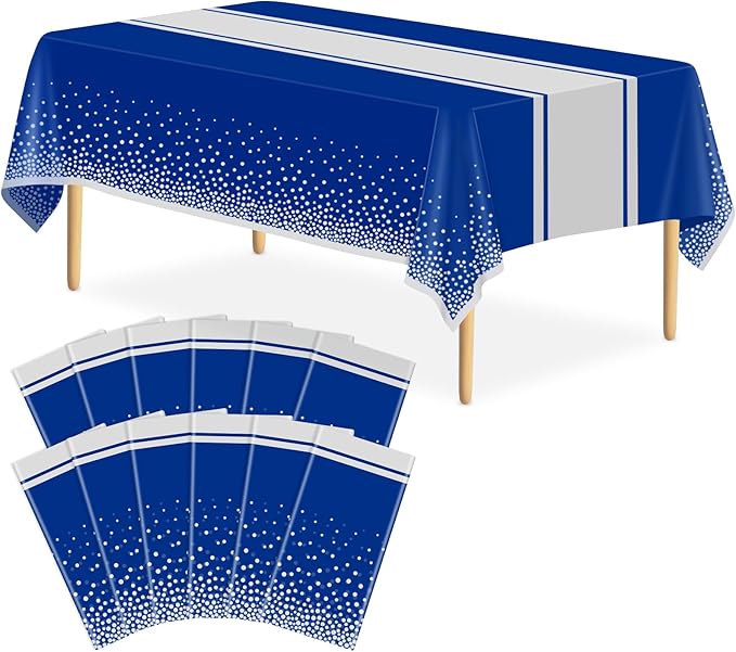12 Pack Blue and Silver Tablecloth Party Decorations Plastic Blue Tablecloth Printed Silver Table Runner 54 x108 Inch Disposable Rectangle Table Cover for Birthday Wedding Graduation