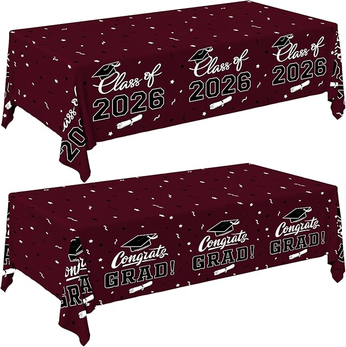 Gatherfun 2026 Graduation Decorations : 2-Pack Congrats Grad Disposable Tablecovers - Class of 2026 Maroon Themed Table Cloths, for Graduation Party Supplies & Graduation Backdrop, 54" X 108"