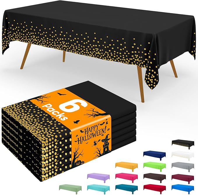 Smiry Disposable Table Cloth - 6 Pack, 54 x 108 Inch Waterproof Rectangle Tablecloths for Parties, Decorative Plastic Table Cover, Leakproof & Sturdy, Black & Gold