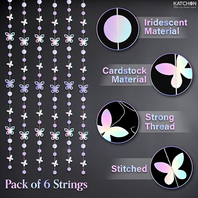 KatchOn Iridescent Butterfly Garland - Pack of 6, | Pre-Strung Butterfly Wall Decor & Birthday Banner for Girls | Iridescent Backdrop for Bachelorette Party | Butterfly Birthday Decorations for Women