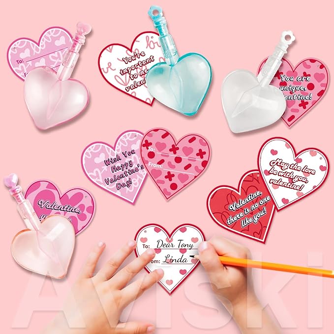 28Pcs Kids Valentines Day Gifts for Classroom - Valentine Cards with Heart Shape Bubble Wands Novelty Toys for Boys Girls Exchange Gifts, Party Favor Prizes, Valentine’s Greeting Gifts