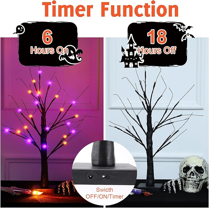 2 Pack 24 Inch Halloween Black Spooky Tree with Orange & Purple Lights, USB&Battery Operated Tabletop Halloween Black Tree with Timer for Indoor Home Holiday Party Decorations