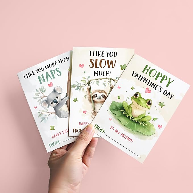 Pawzity 36 Packs Valentines Day Cards for Kids - Animal Valentines Day Card for Kids Classroom School, Boys, Girls, Toddlers - 6 Designs 3.2''x 4.7'' Animals Turtle, Frog, Sloth, Bear, Koala, Llama