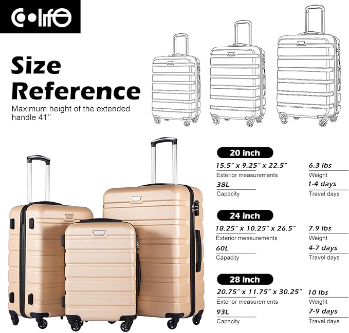 Coolife Luggage 3 Piece Set, Lightweight Durable Hardshell Suitcase set with 360° Spinner Wheels, TSA-approved Lock, Checked Family Travel Luggage sets, 20/24/28 Inch, Champagne New