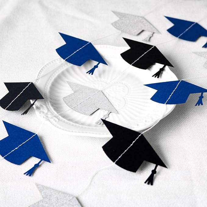 Blue and Silver Graduation Garland Graduation Party Decorations Class of 2026 Grad Cap Garland Banner Streamers for Grad Party Hanging Decorations 39Feet