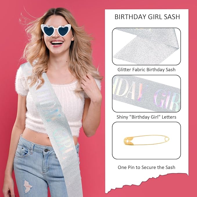 Birthday Girl Sash & Glasses Set, Birthday Sash for Women Girls, Silver 70.8" x 3.75", Happy Birthday Accessories Party Favors Set for Women Girls
