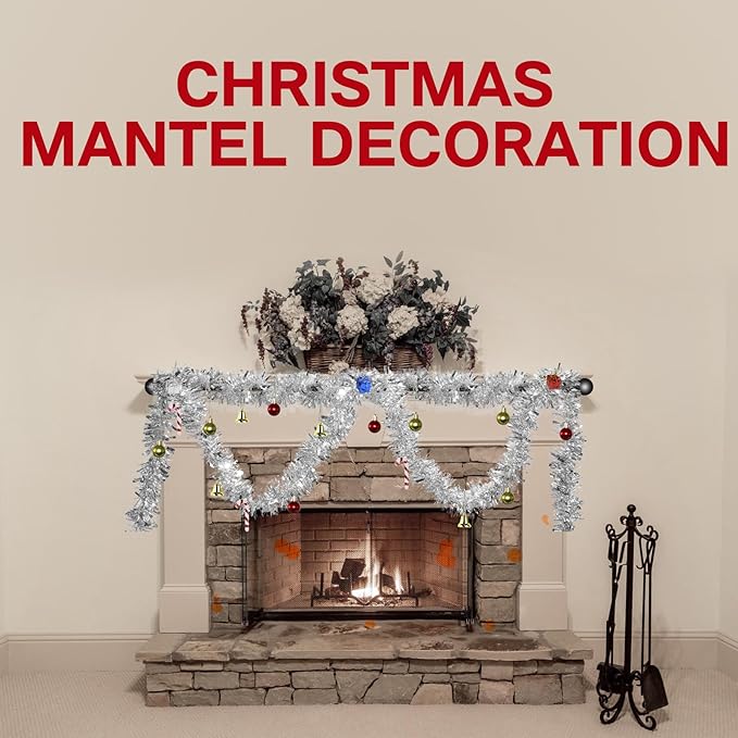 4 Pack Silver Tinsel Garland - 200Ft Metallic Hanging Tinsel for Christmas Tree, Home & Party Decorations Indoor/Outdoor