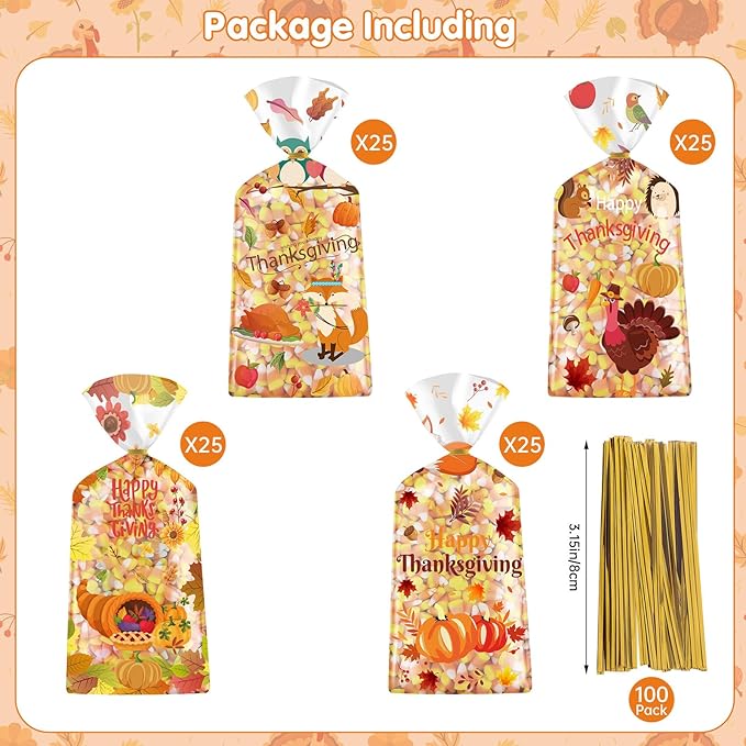 Litmitfu 100 Pcs Happy Thanksgiving Treat Bags - Plastic Fall Thanksgiving Gift Bags, Clear Autumn Goodie Candy Favor Cellophane Bag with Gold Twist Ties for Thanksgivings Party Favors Supplies