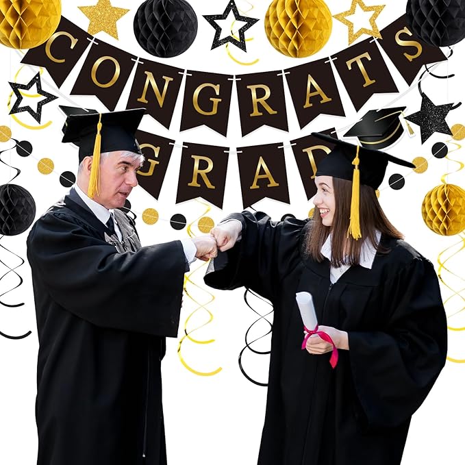 Black and Gold Congrats Grad Banner 2026 Graduation Decorations with Hanging Swirl Honeycomb Ball Circle Garland Grad Party Favor Supplies for College Senior High School Classroom Decor